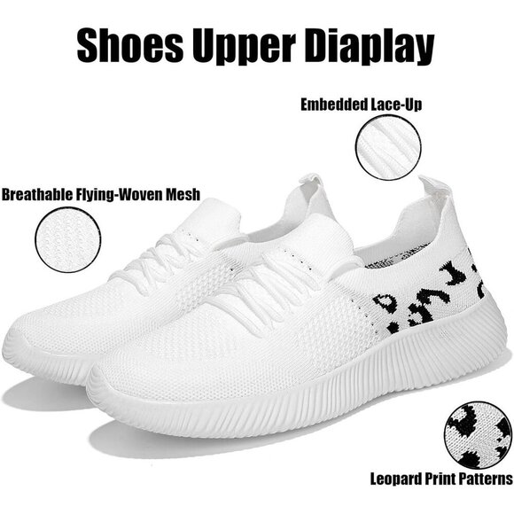 Women's Slip-On Shoes Leopard Cheetah Print White Casual Sneakers Flying-Woven - Picture 3 of 6